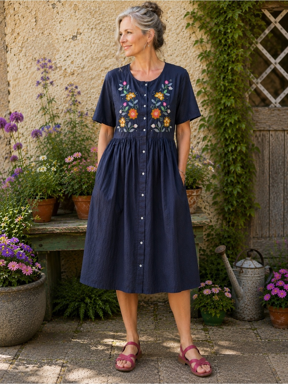 Gudrun Sjoden Organic Cotton Silk Embroidered Floral Pocket Dress Scandinavian